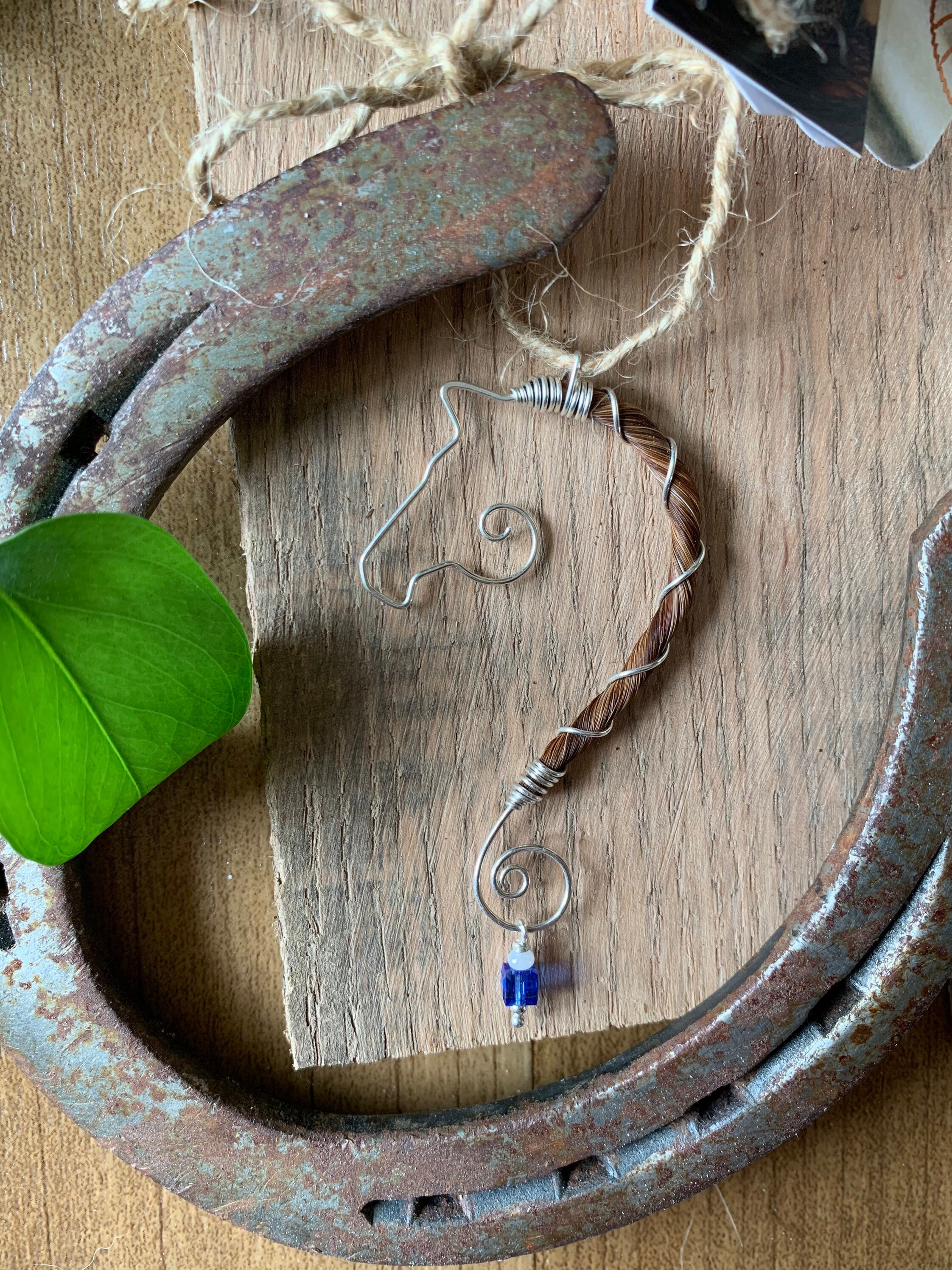 Sterling silver wrapped horse hair "The Mane Profile" pendant with Sapphire Swarovski Crystal Charm