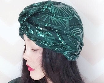 Green Geometric Pattern Sequin Turban,Wedding Fashion turban, vintage turban,embellished turban, bridal turban,Personalized Gifts For Women