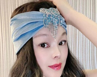 Morandi Blue Velvet Stretch Headband,Double Layer Rhinestone Heart Tassel Boho Hairband Birthday Wedding Festival Daily Wear
