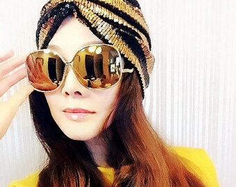 Black Gold Stripe Sequin Head Wrap | No-Tie Breathable Turban for Party Wedding Daily