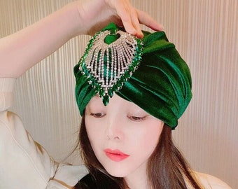 Dark Green Velvet Gem Turban,Women Turban,Full Turbans,Turban Headband,Turban Hat,Stretch Turban,Fashion Turban,Head Wrap,Head Scarf