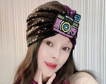 Holiday Party Turban Hat in Christmas Red Sequins - Women display picture 1