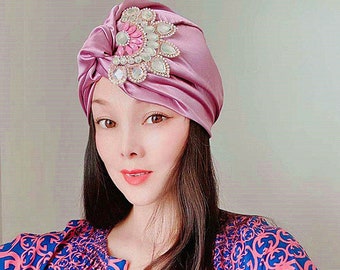 Pink Silk Rhinestone Turban,  Wedding Fashion turban, vintage turban,embellished turban, bridal turban,Personalized Gifts For Women