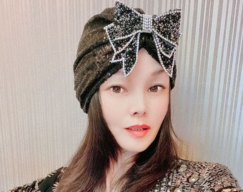 Black Sequin Headpiece, Gunmetal Silver Rhinestone Bow Turban, Boho Wedding Party Hair Accessory