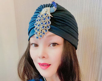 Royal Blue Peacock Jewel Turban,Women Turbans,Full Turbans,Turban Headband,Turban Hat,Stretch Turban,Fashion Turban,Head Wrap,Head Scarf