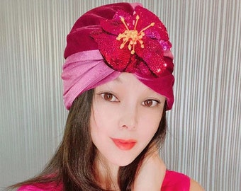 Pink Velvet Flower Turban，Women's Fashion Turban,Personalized Gifts For Women,Women's Turban,Show,Party