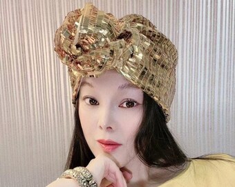 Gold Sequin 3D Floral Knot Turban,boho Glam Headwrap for  display picture 2