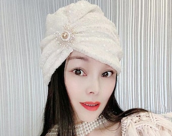 White Spiral Firework Gem Sequins Turban,Women's Fashion Turban,Personalized Gifts For Women,Full Turbans,Turbans with Sequins,Turban Cap