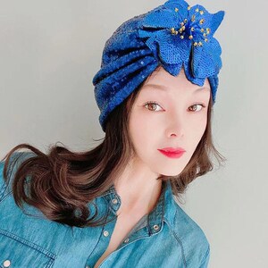 Blue Flower Pattern Sequins Turban,Women's Fashion Turban,Personalized Gifts For Women,Full Turbans,Women's Turbans with Sequins,Turban Cap
