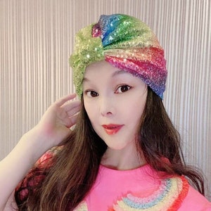 Rainbow Sequin Turban,Wedding turban, vintage turban,embellished turban, bridal turban,Personalized Gifts For Women,Head Cover for Women