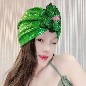 Turbante de lantejoulas, turbante feminino, presentes personalizados para mulheres, turbantes completos, touca de turbante, chapéu de turbante, feriado, festa