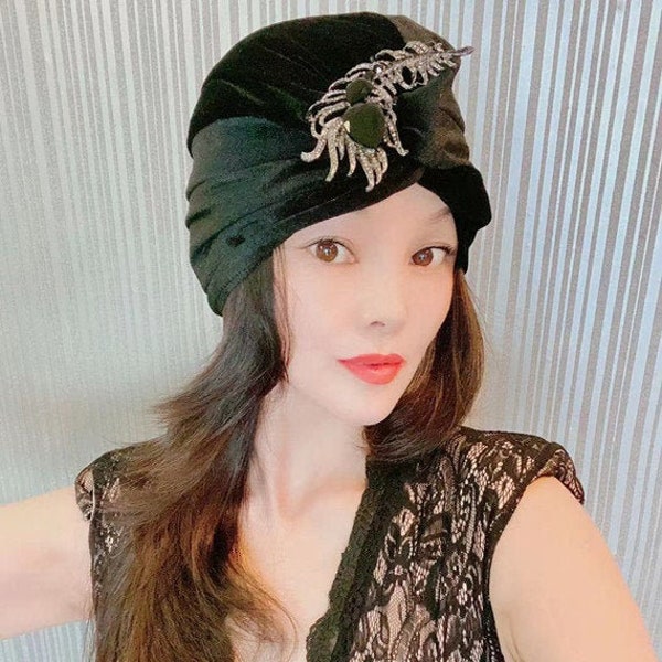 Black Velvet Peacock Feather Jewel Turban,Women Fashion Turban,Personalized Gifts For Women,Full Turbans,Turban Cap,Holiday