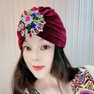 Stretchy Velvet Jeweled Turban,Women Turban,Full Turbans,Turban Headband,Turban Hat,Stretch Turban,Fashion Turban,Head Wrap,Head Scarf