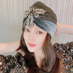 Grey velvet jewel Turban,Women Fashion Turban,Personalized Gifts For Women,Full Turbans,Turban Cap,Holiday
