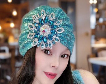 Lake Blue Sequin Headscarf, Copper Zircon Flower Turban, Boho Glam Party Head Wrap, Wedding Guest Prom Evening Headpiece