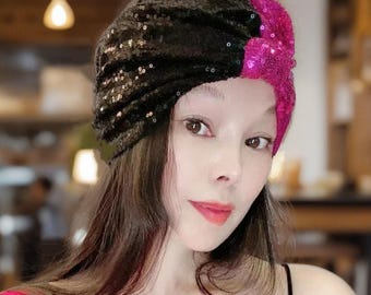 Pañuelo para la cabeza rosa fucsia con lentejuelas negras, turbante elástico brillante para fiestas, uso diario, viajes y bodas.