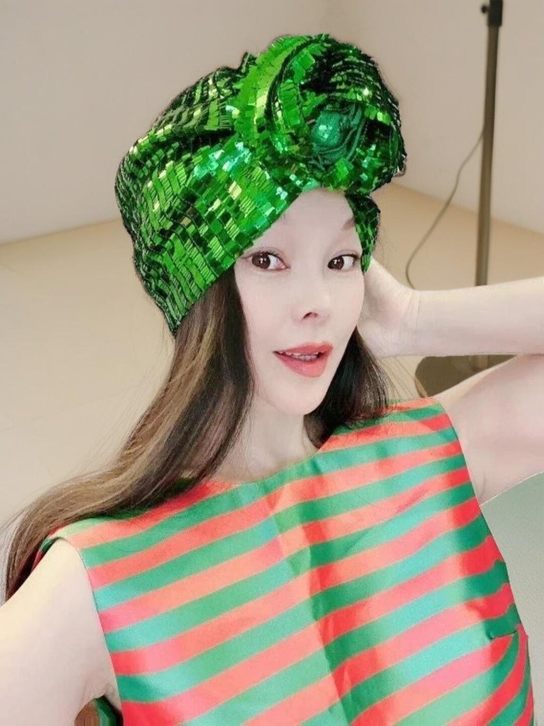 Bright Green Sequin 3D Floral Turban,soft Skin-friendly 