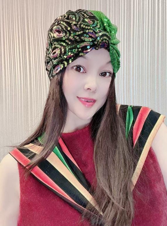Two Tone Color Block Sequin Turban, Mixed Print & Solid  display picture 3