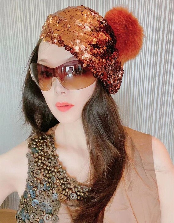Fox Fur Ball Sequin Beret,wedding Turban, Vintage Turban  display picture 3