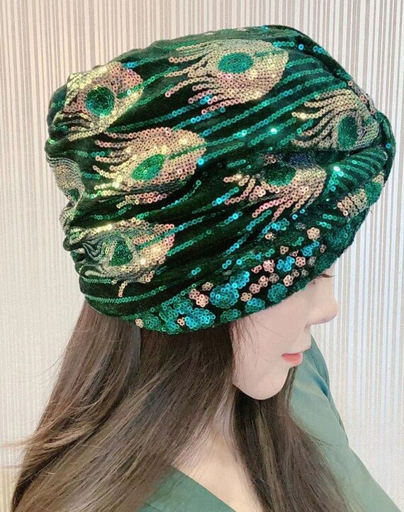 Emerald Green Velvet Turban,gold Peacock Feather Embroidery  display picture 3