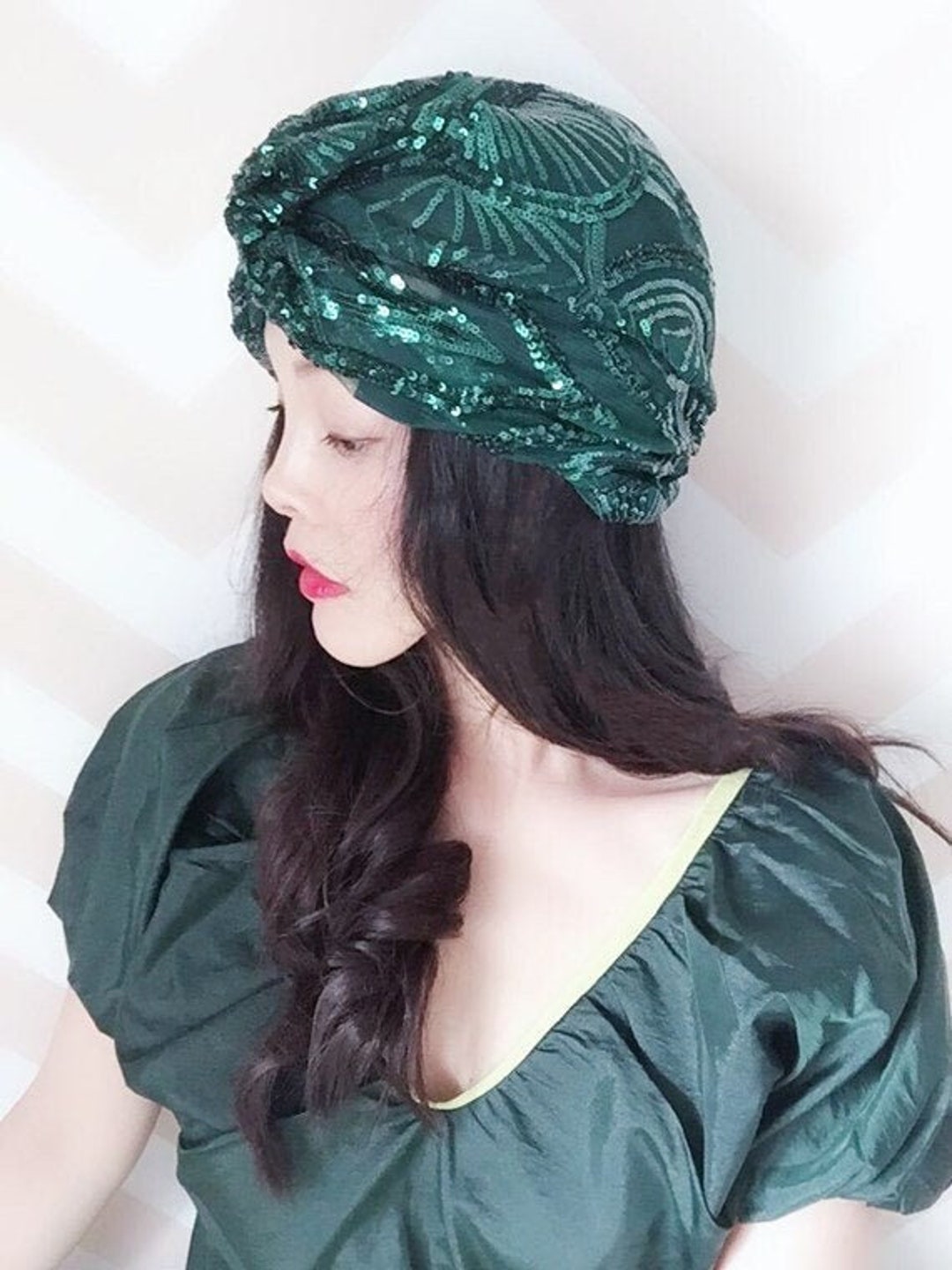 Emerald Green Sequin Headscarf, Fan Shape Embroidery, Luxury  display picture 2