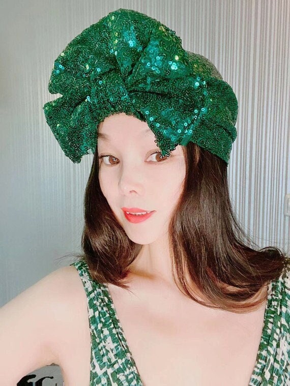 Dark Green Big Bow Sequin Head Wrap No Tie Glitter Turban  display picture 2