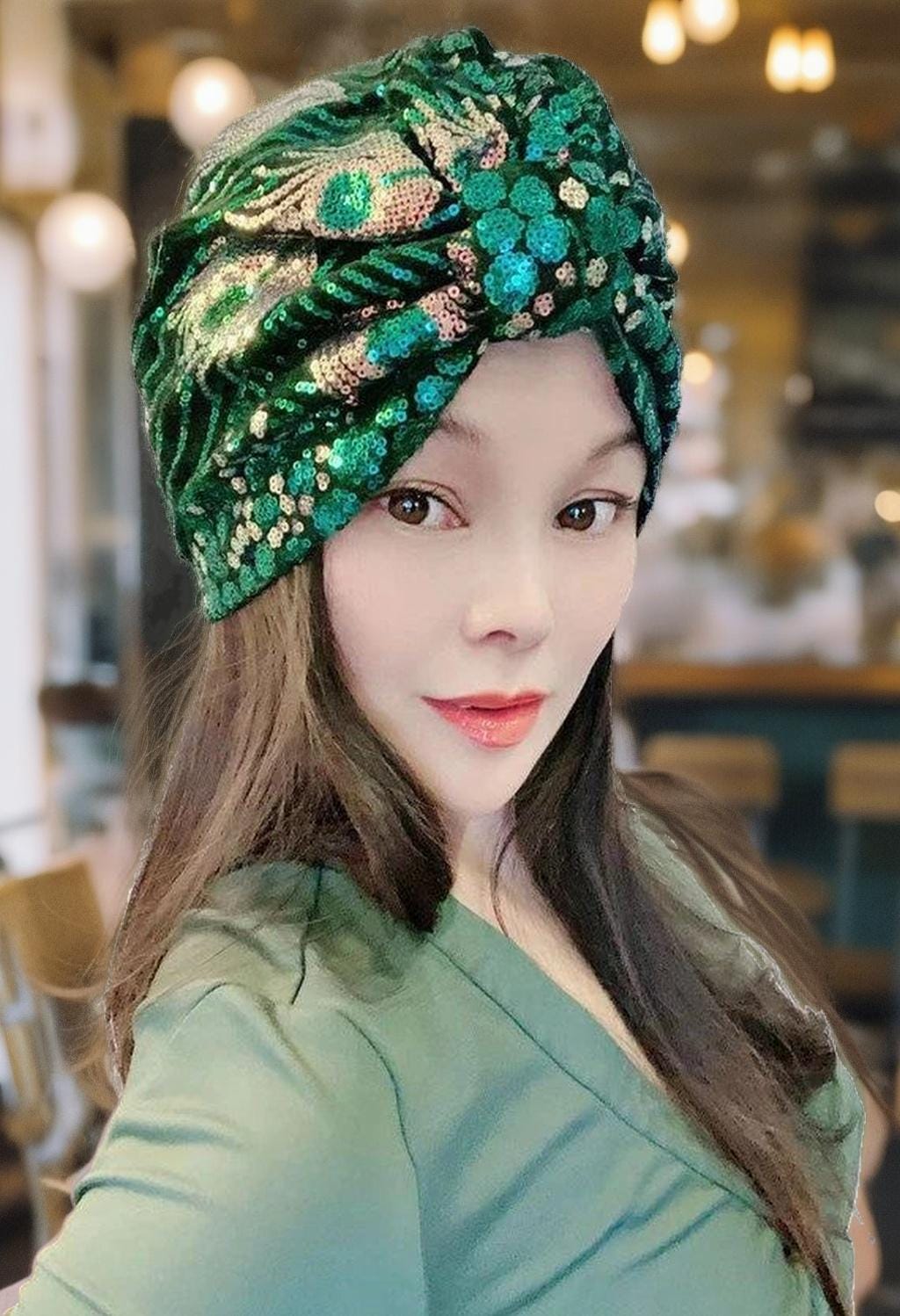 Emerald Green Velvet Turban,gold Peacock Feather Embroidery 