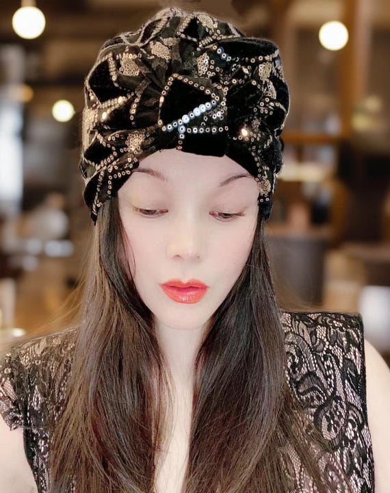 Black Gold Geometric Sequin Velvet Turban Bohemian Luxury  display picture 1
