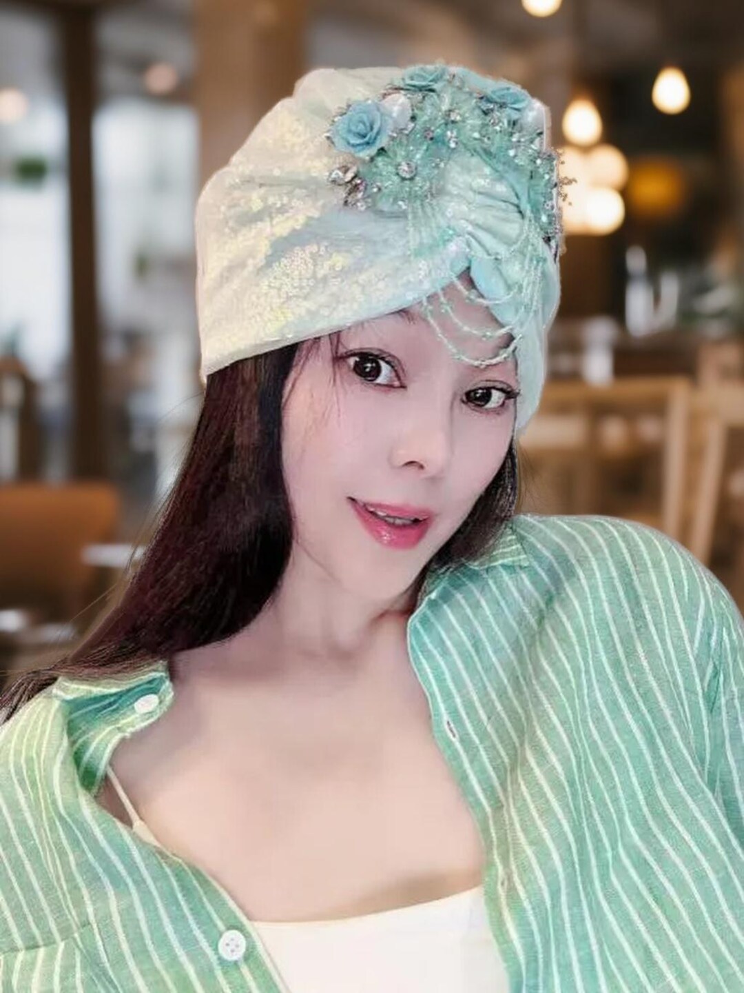 Green Sequin Headwrap Turban with Floral Accent
GEL8 0526 Bright Green Sequin 3D Floral Turban,soft Skin-friendly  main image 4