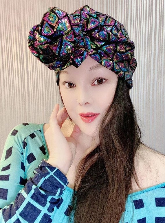 Sequin Fashion turban, vintage turban, Stripped turban hat, beaded  turban,embellished turban,fancy turban, knot turban, wedding turban