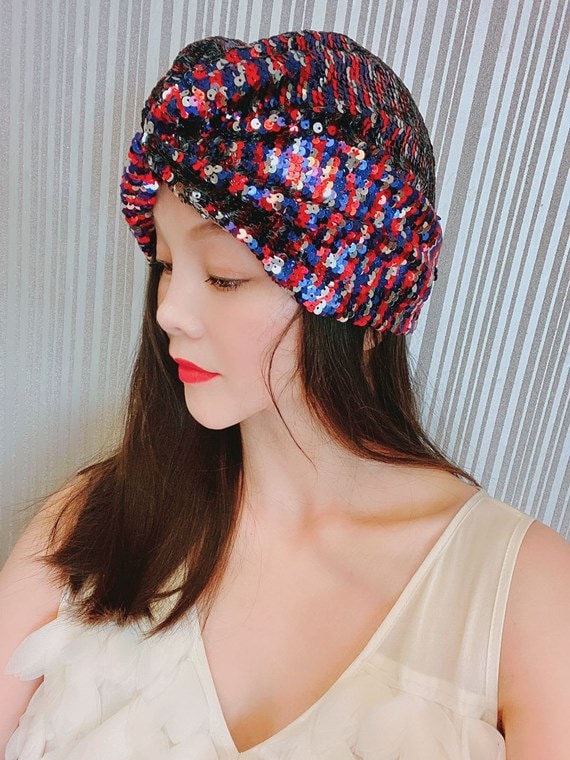 Sequin Fashion turban, vintage turban, Stripped turban hat, beaded  turban,embellished turban,fancy turban, knot turban, wedding turban