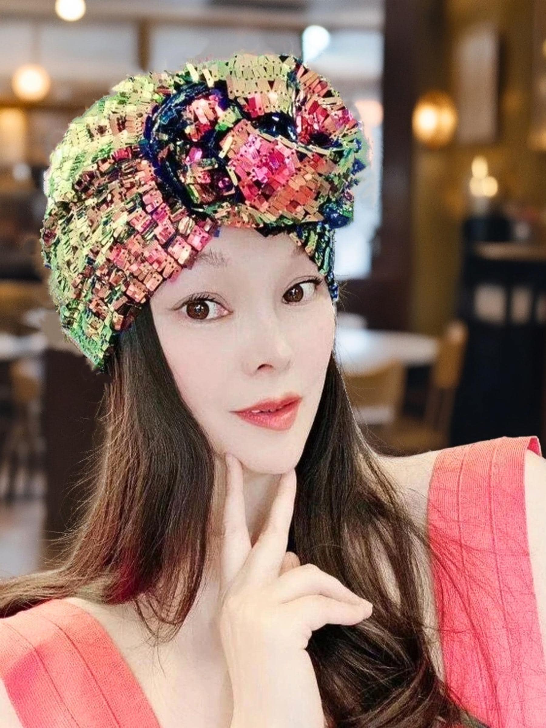 Iridescent Gold Sequin 3D Floral Knot Turban,Boho Glam Headwrap for Party Vacation Prom Wedding Daily Elegant Wear