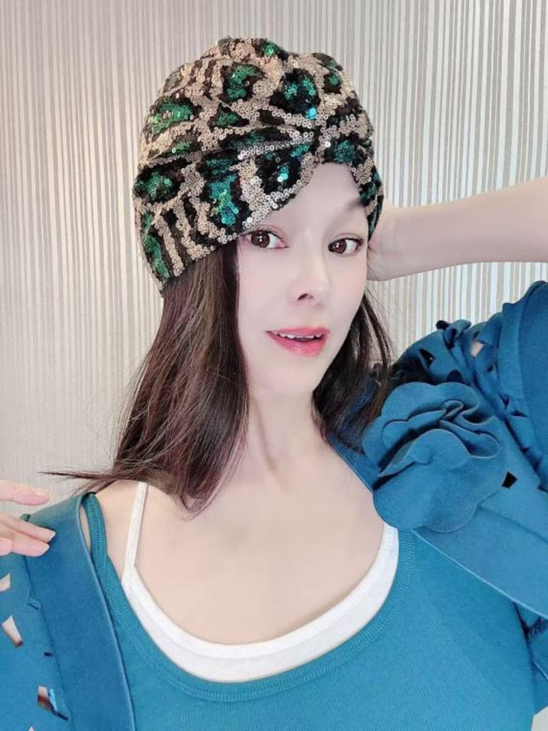 Green Sequin Turban Headwrap Emerald Green Sequin Headscarf, Fan Shape Embroidery, Luxury  main image 4
