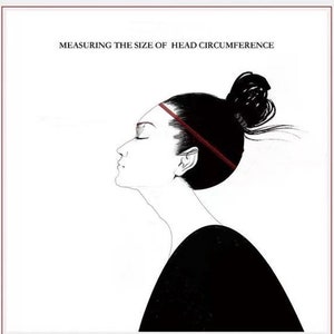 May include: Illustration showing a woman's profile with a red line indicating head circumference measurement. The text at the top reads "MEASURING THE SIZE OF HEAD CIRCUMFERENCE". The woman has dark hair pulled back in a bun and is wearing a black top.