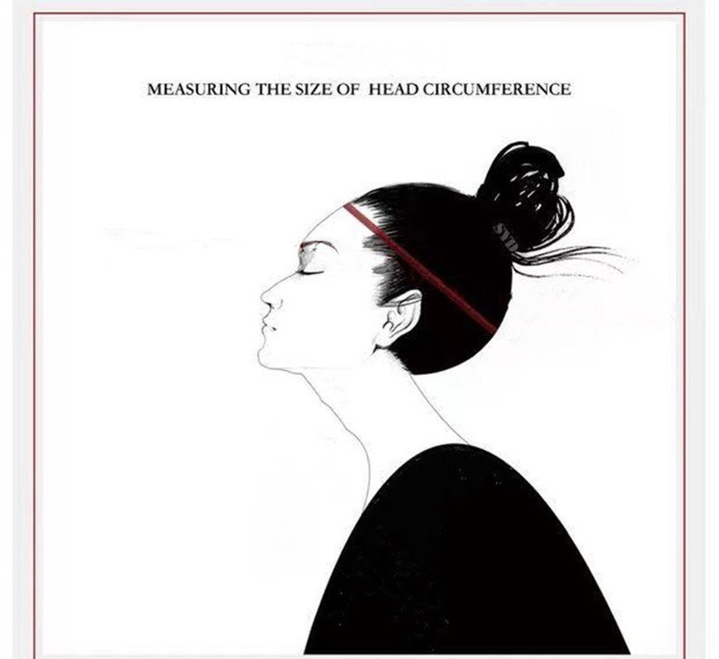 May include: Illustration showing a woman's profile with a red line indicating head circumference measurement. The text at the top reads "MEASURING THE SIZE OF HEAD CIRCUMFERENCE". The woman has dark hair pulled back in a bun and is wearing a black top.