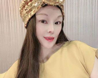 Gold Sequin 3D Floral Knot Turban,boho Glam Headwrap for  display picture 2