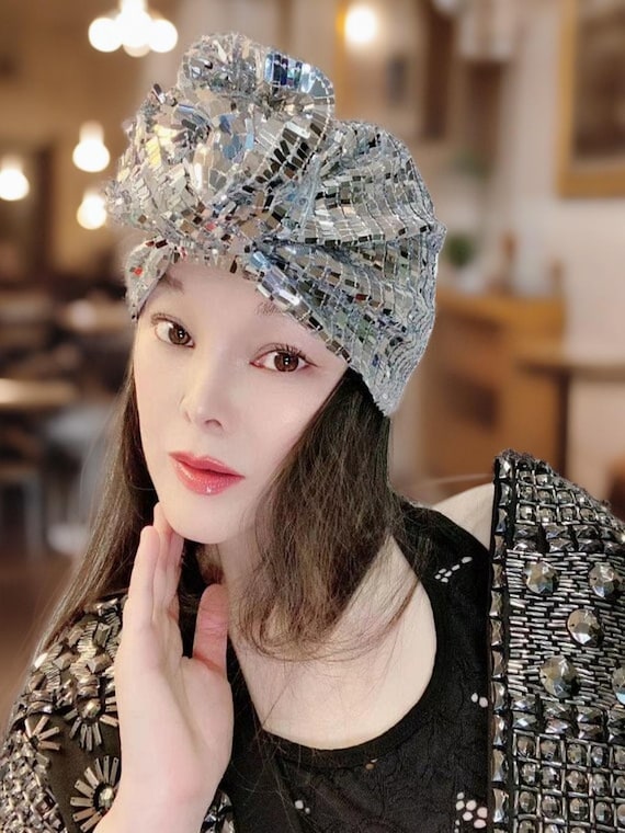 Silver Sequin, 3D Flower Turban, Handmade Shiny Head Wrap,  Evening Gift,Soft Lining Headscarf for Party, Wedding,Formal Occasions
