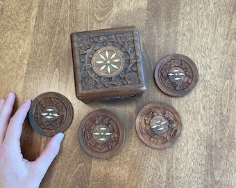 Vintage Indian carved wood box and coasters