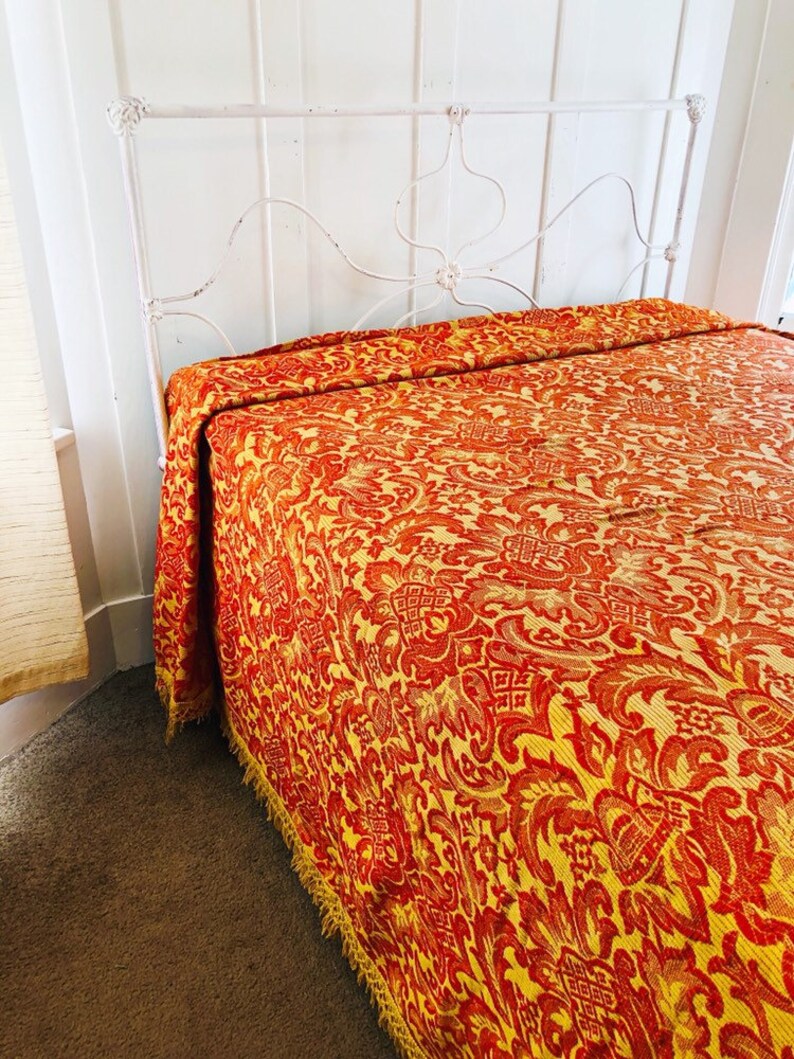 Vintage Bates Bedspread Orange Damask Coverler Queen King Size Etsy