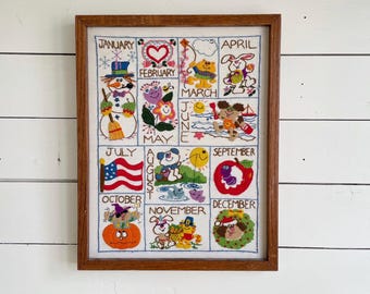 Months of the year vintage crewel embroidery