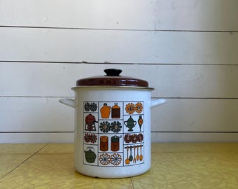 Vintage 70s enamel stock pot/green orange brown flower power design