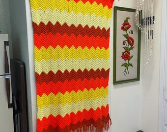 Vintage large orange yellow chevron afghan blanket