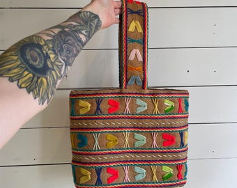 Vintage embroidered burlap bag