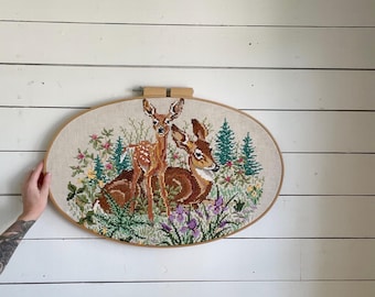 Vintage 1940s crossstitch deer and fawn