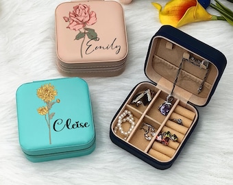 Personalisierte Name Schmuckschatulle für Brautjungfern, Geburtstags-Monat Blumen Schmuckschatulle, personalisierte Reise Schmuckschatulle, Brautjungfer Geschenke, Geschenke für sie