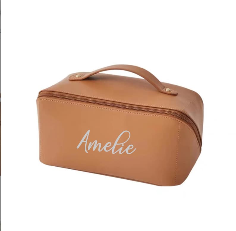 Personalised cosmetic bag with monogram custom makeup bag personalized gift for her,personalised gift for bridesmaid,Travel makeup bag A Brown