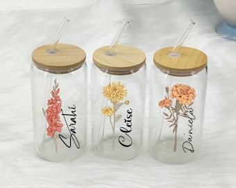 Personalisierte Eiskaffeetasse Floral Retro, benutzerdefinierte Dose Glas mit Deckel und Strohhalm, Brautjungfer Geschenk, Bachelorette Glastasse, Brautjungfer Vorschlag