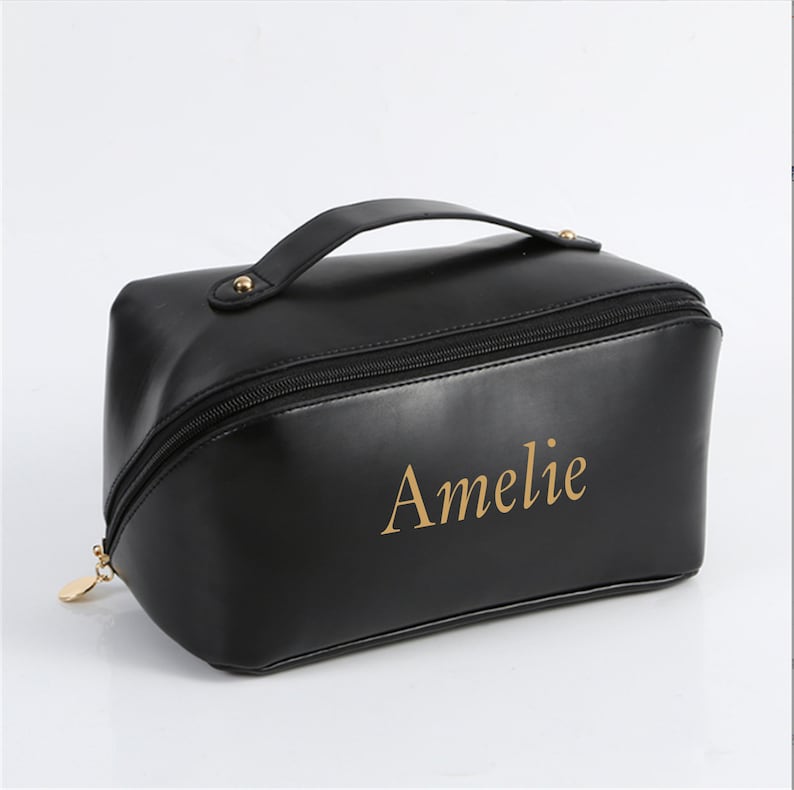 Personalised cosmetic bag with monogram custom makeup bag personalized gift for her,personalised gift for bridesmaid,Travel makeup bag A Black