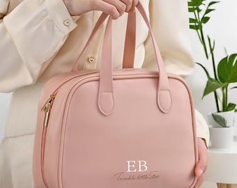 Personalized large capacity leather cosmetic storage bag with small monogram,gift for her, bridesmaid gift,travel Cosmetic Organizer