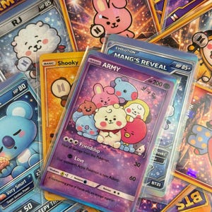 May include: A collection of BT21 character trading cards featuring colorful illustrations of Cooky, RJ, Shooky, and others. The central card is purple, titled ARMY, with HP 200, displaying a group of characters and text including Friendship and Love.